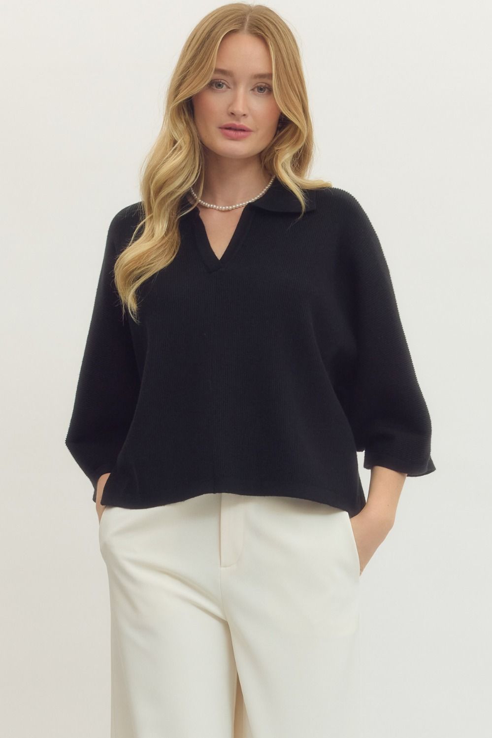 Entro Solid 3/4 Sleeve Knit Top With V Neck Collar In Black