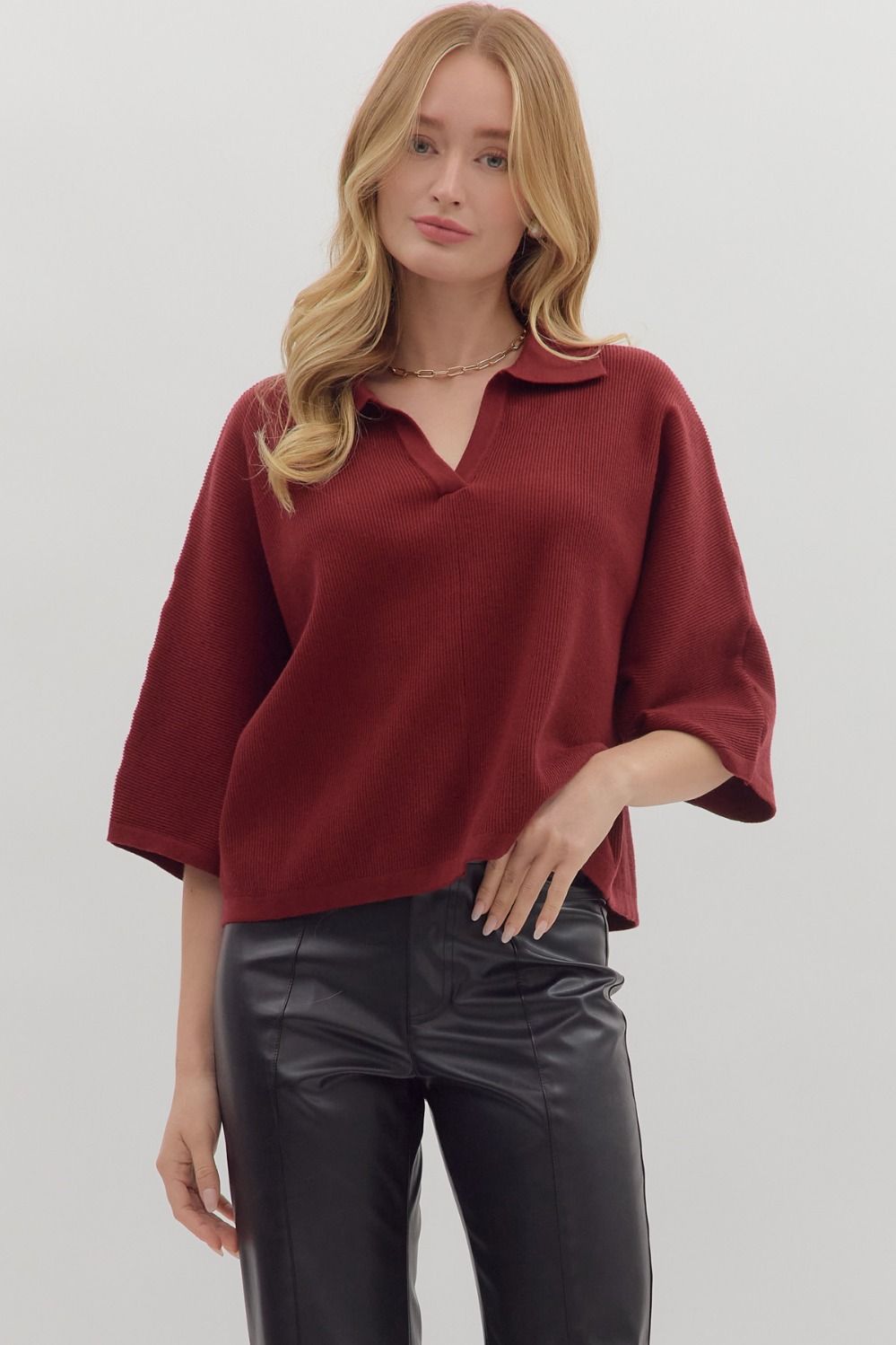Entro Solid 3/4 Sleeve Knit Top With V Neck In Burgundy *COMING SOON*