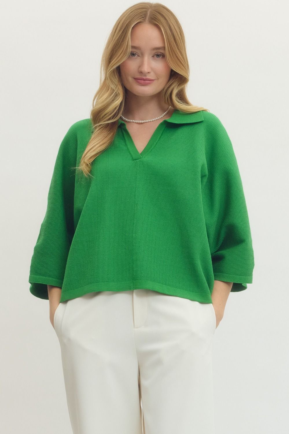 Entro Solid 3/4 Sleeve Knit Top With V Neck Collar In Green