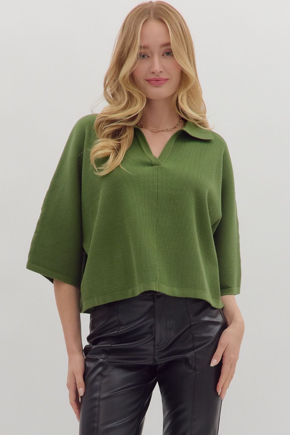 Entro Solid 3/4 Sleeve Knit Top With V Neck In Olive *COMING SOON*