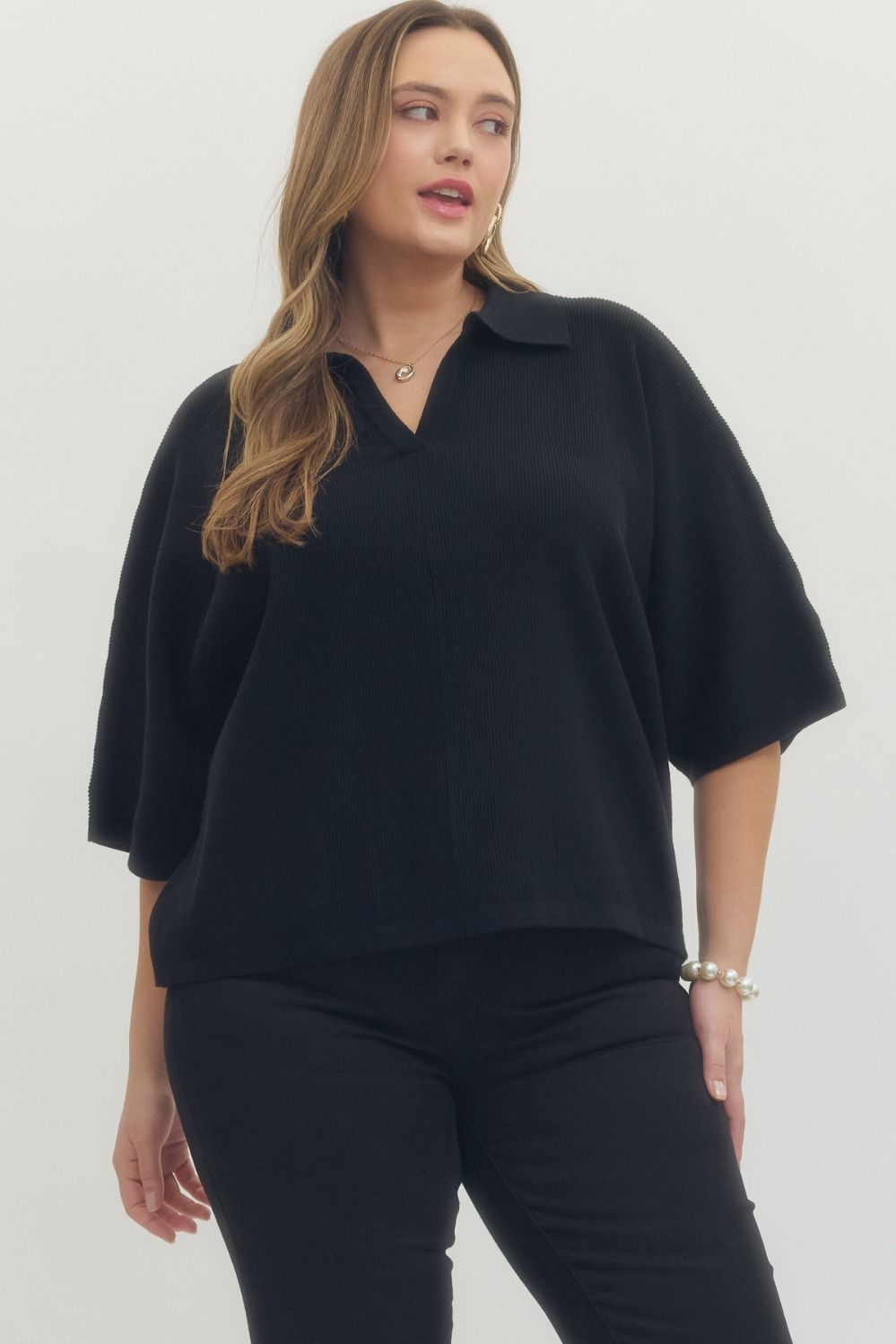Entro Solid 3/4 Sleeve Knit Top With V Neck Collar In Black PLUS Size