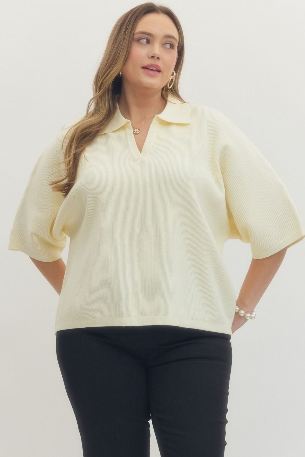 Entro Solid 3/4 Sleeve Knit Top With V Neck Collar In Cream PLUS Size