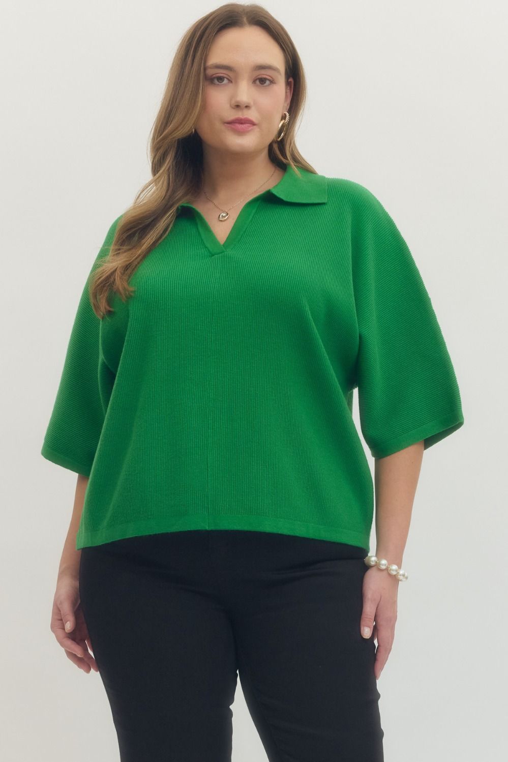 Entro Solid 3/4 Sleeve Knit Top With V Neck Collar In Green PLUS Size