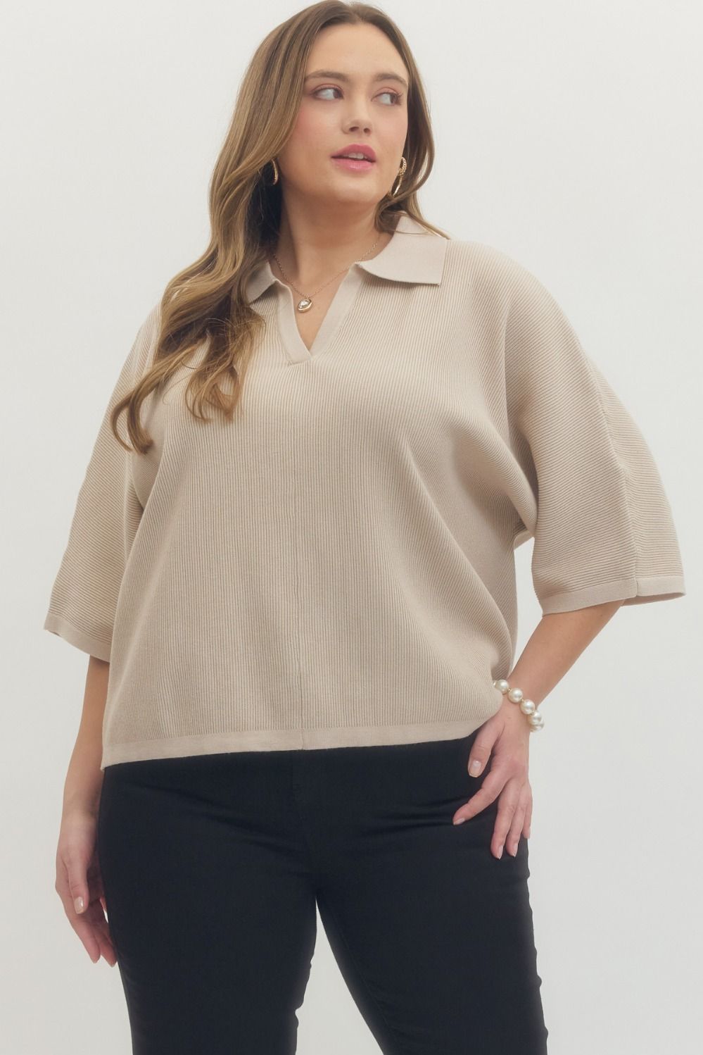 Entro Solid 3/4 Sleeve Knit Top With V Neck Collar In Stone PLUS Size