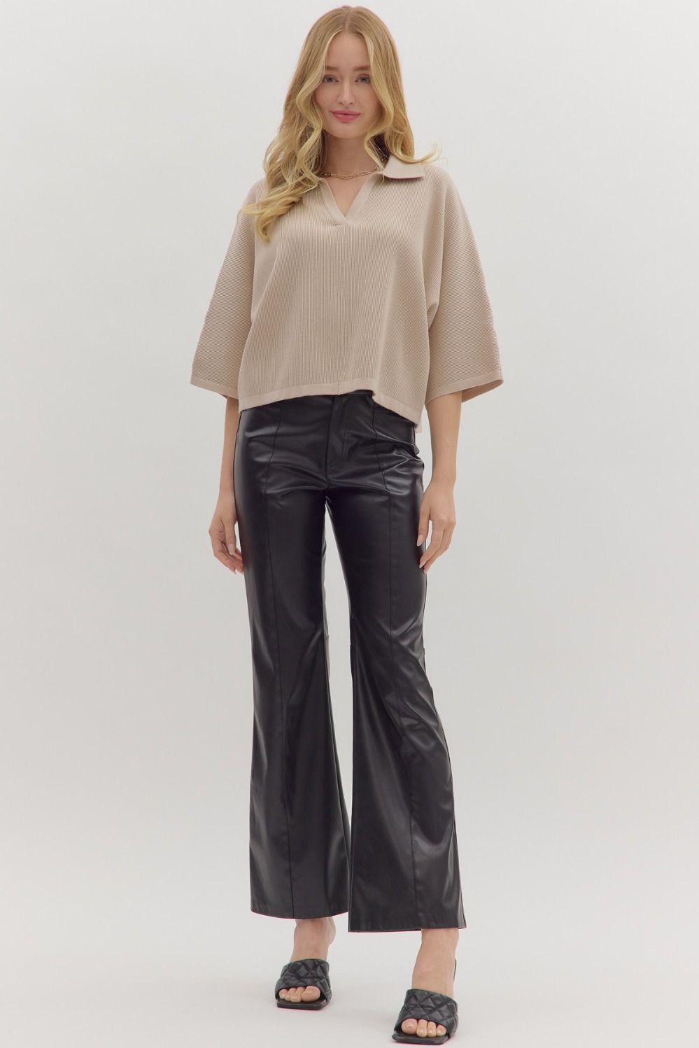 Entro Solid 3/4 Sleeve Knit Top With V Neck In Stone *COMING SOON*