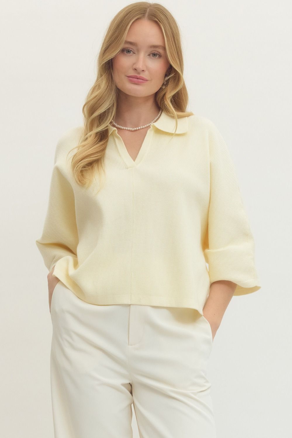 Entro Solid 3/4 Sleeve Knit Top With V Neck Collar In Cream