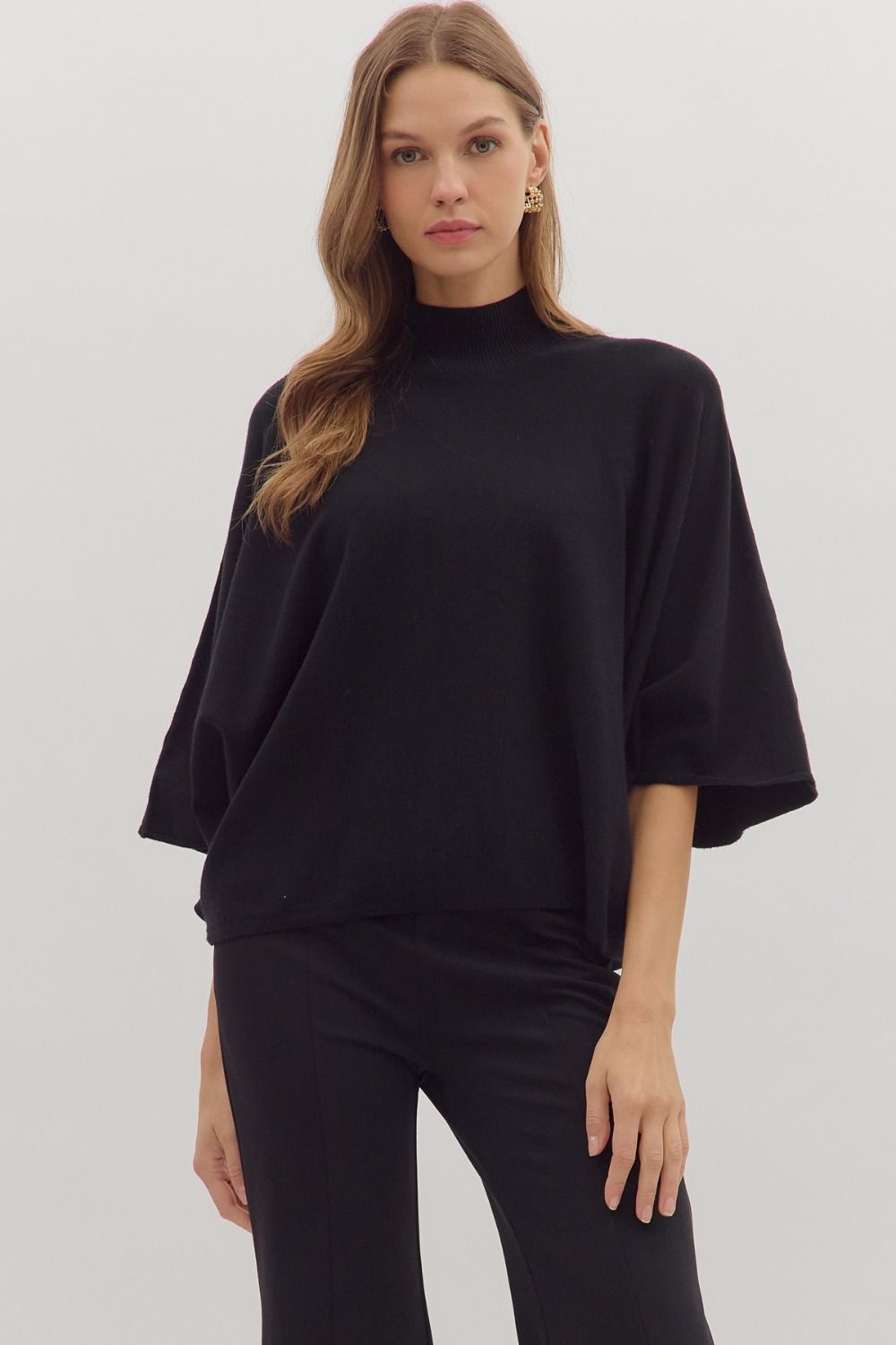 Entro Solid Mock Neck 3/4 Sleeve Top In Black *COMING SOON*
