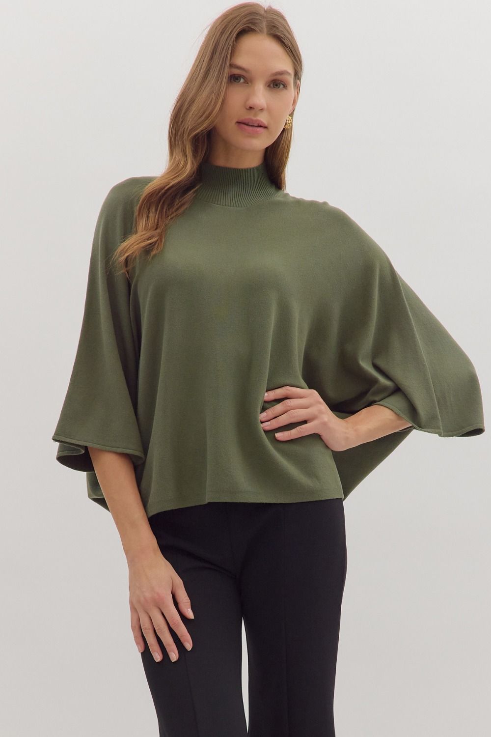 Entro Solid Mock Neck 3/4 Sleeve Top In Olive *COMING SOON*