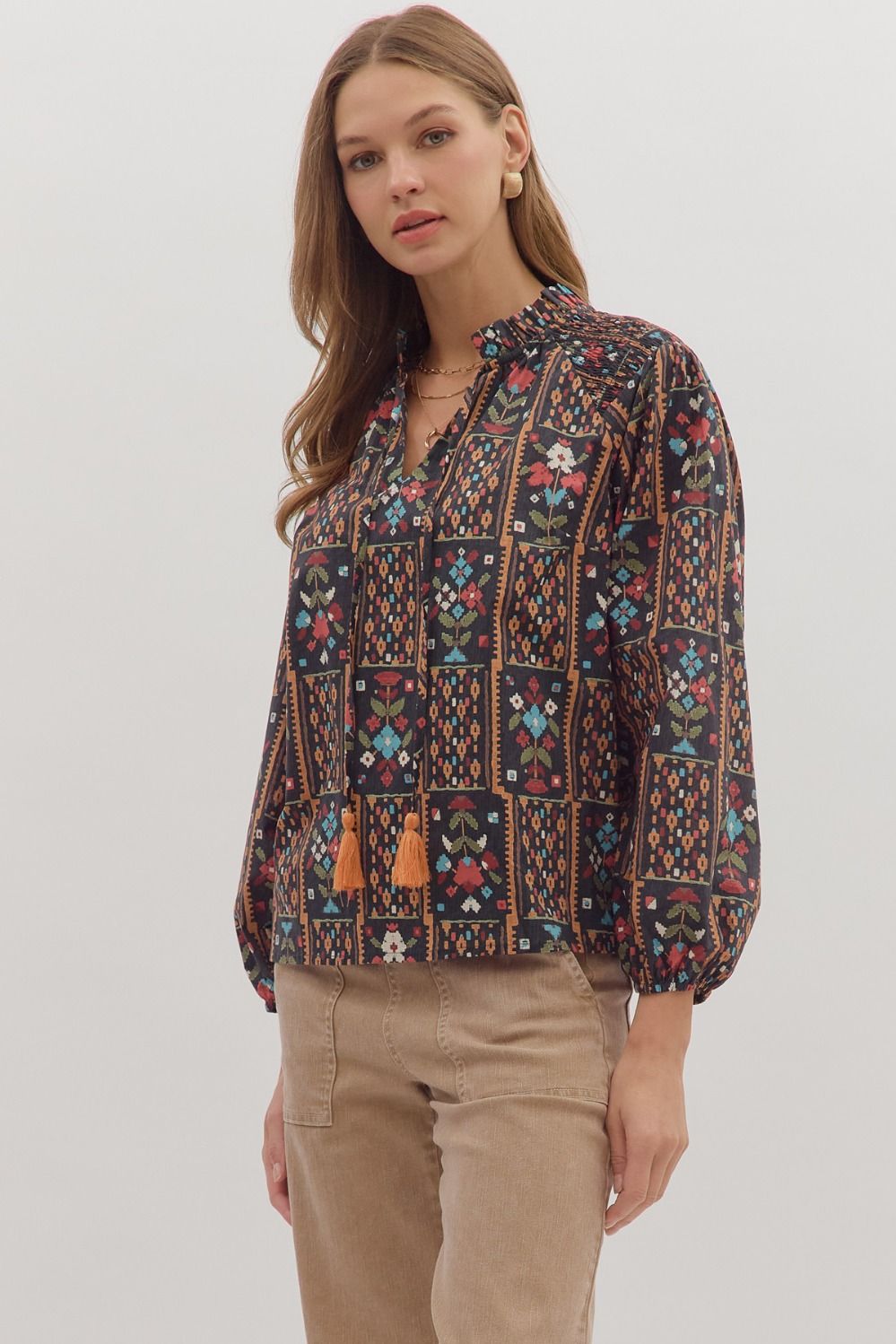 Entro Geometric Floral Long Sleeve Top In Black *COMING SOON*