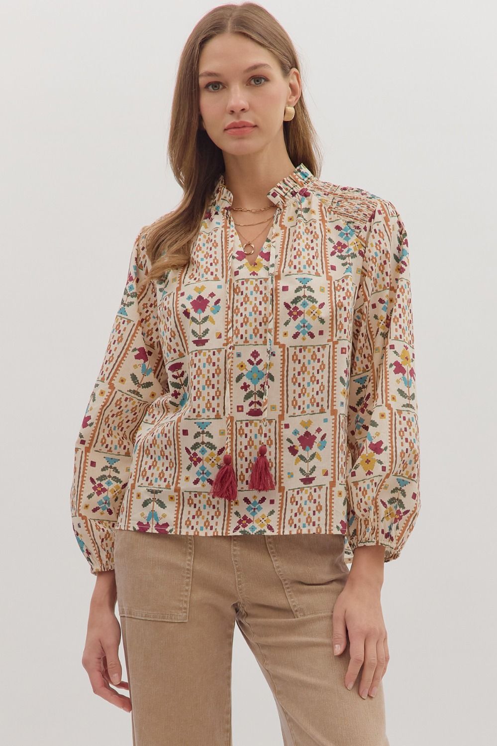 Entro Geometric Floral Long Sleeve Top In Ecru *COMING SOON*
