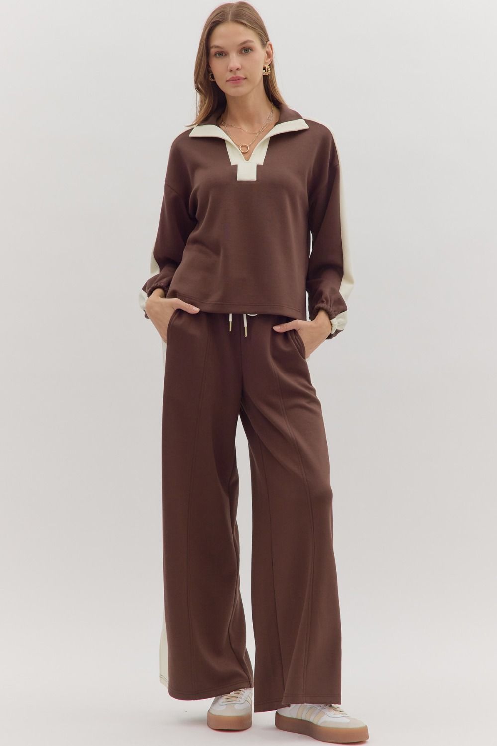 Entro Solid Long Sleeve Knit Top With Contrast Stripe In Brown *COMING SOON*