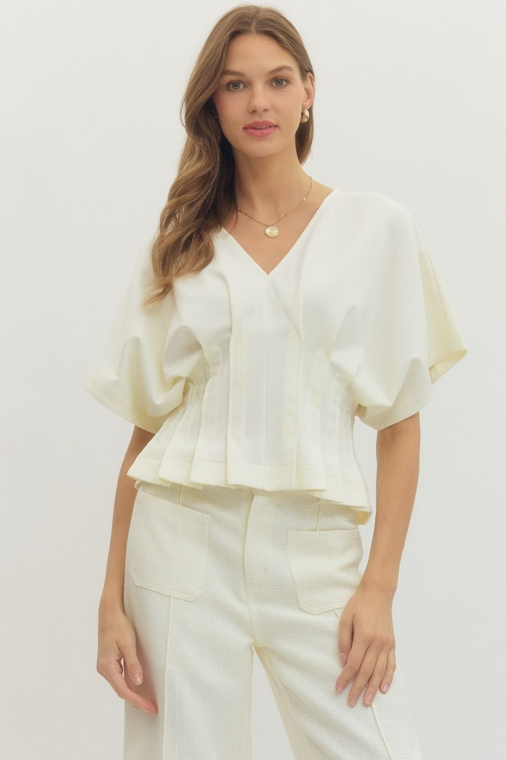 Entro Solid Short Dolman Sleeve Top With Pleated Waist In Cream