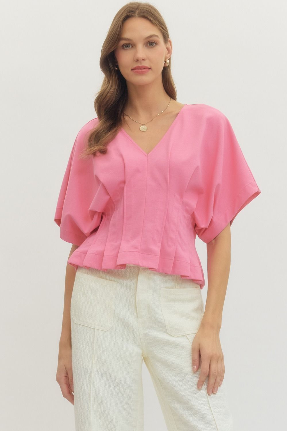 Entro Solid Short Dolman Sleeve Top With Pleated Waist In Pink