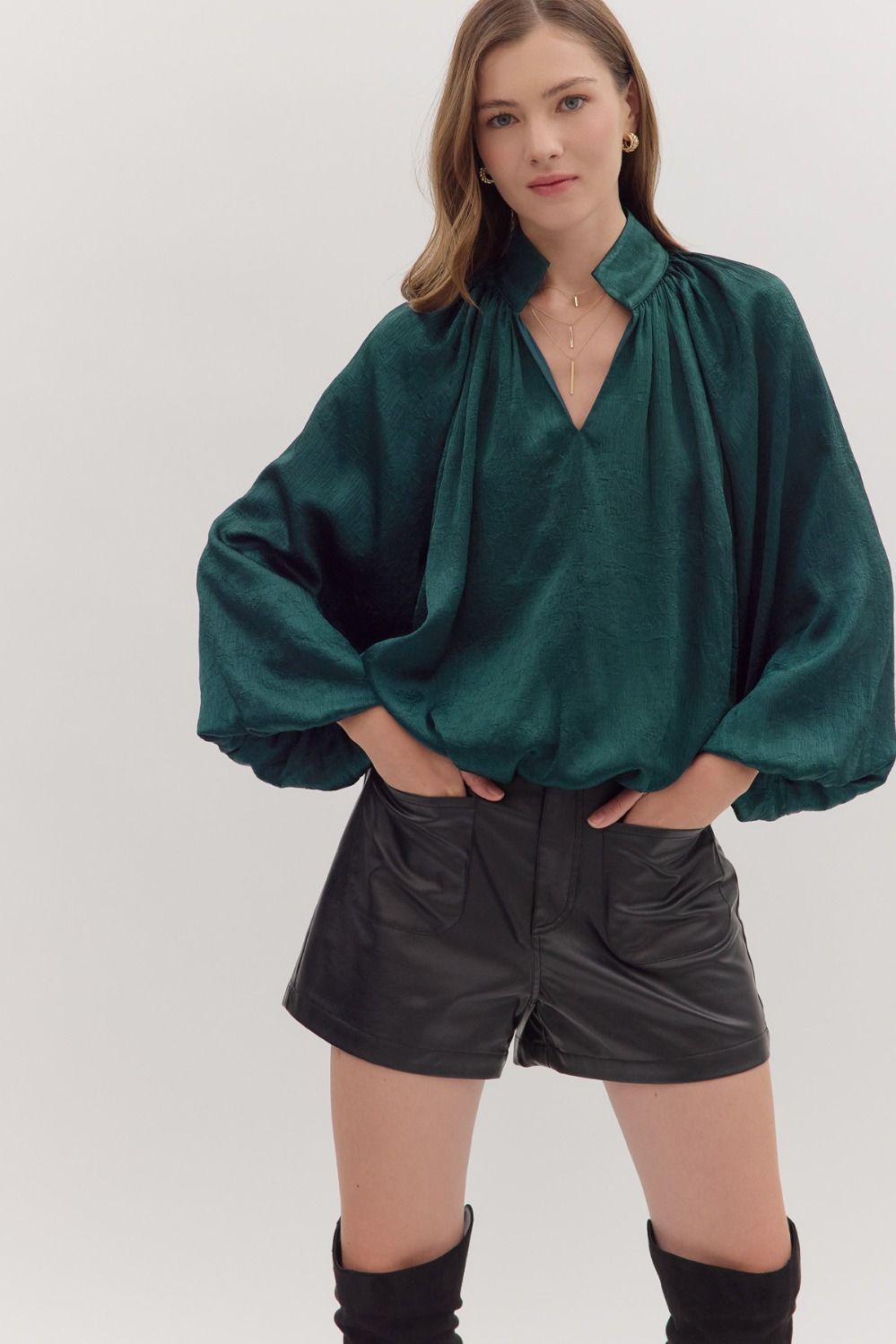 Entro Solid Balloon Sleeve V Neck In Hunter Green *COMING SOON*