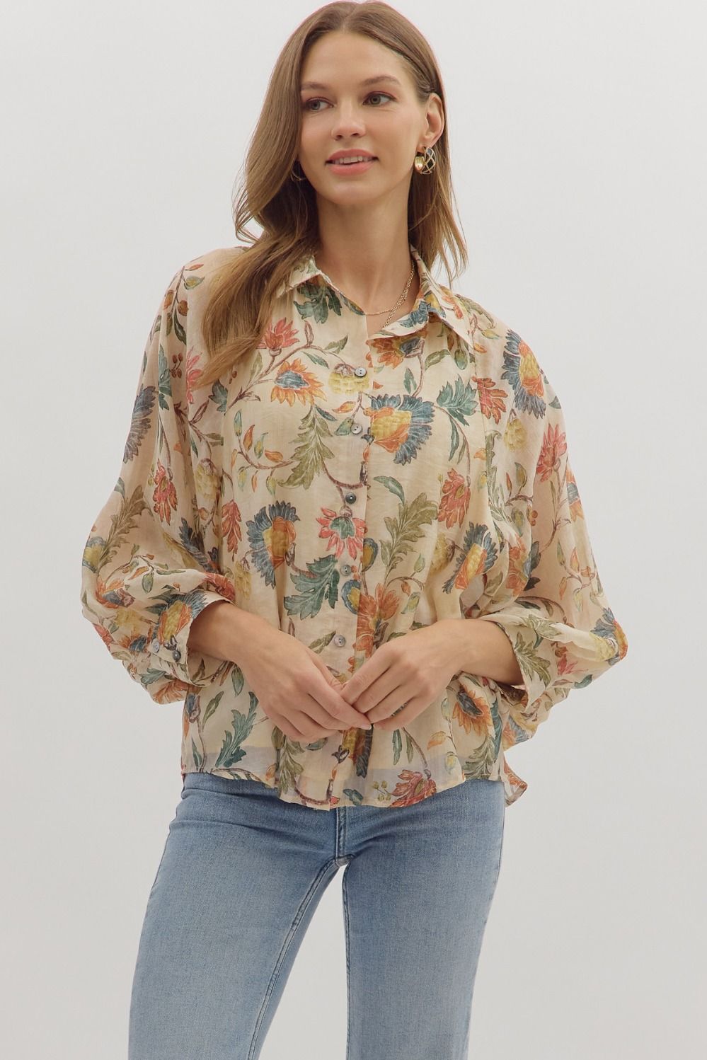 Entro Floral Print 3/4 Sleeve Button Down Top In Ecru *COMING SOON*