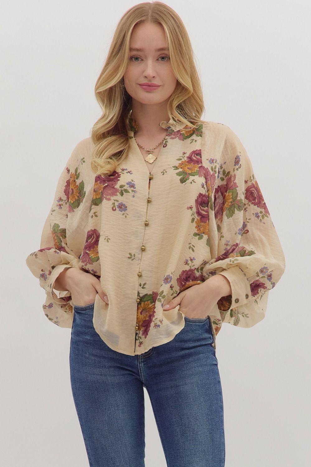 Entro Floral Print Long Sleeve Button Down Top In Ecru *COMING SOON*