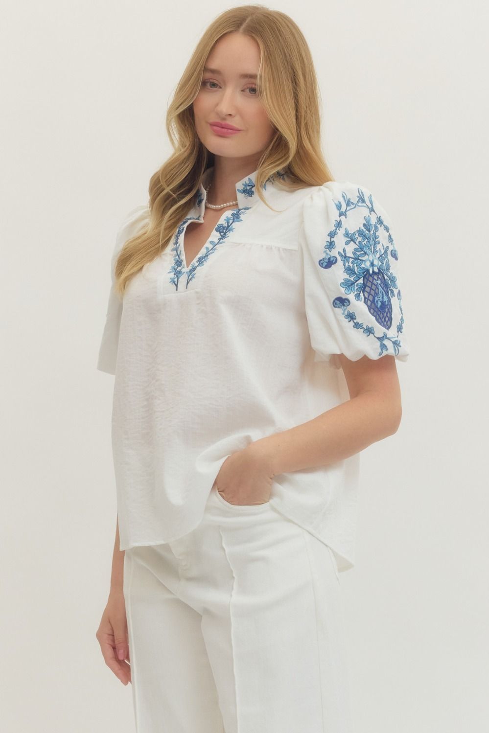 Entro Embroidered Sleeve V Neck Top In Blue