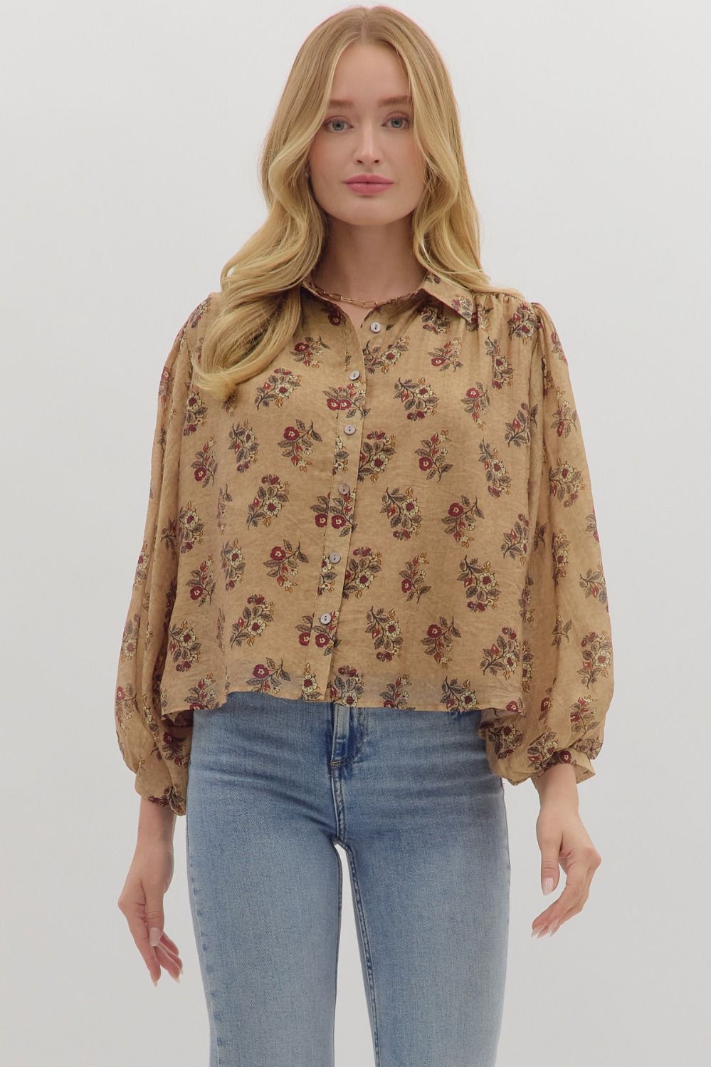 Entro Botanical Print Long Sleeve Button Down In Taupe
