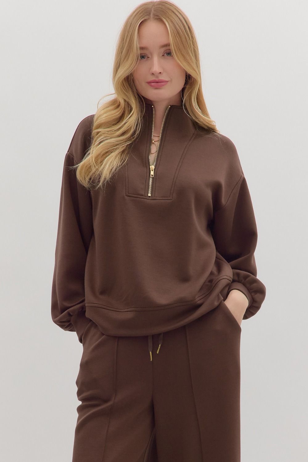 ENTRO Solid Long Sleeve Top With Half Zip In Espresso *COMING SOON*