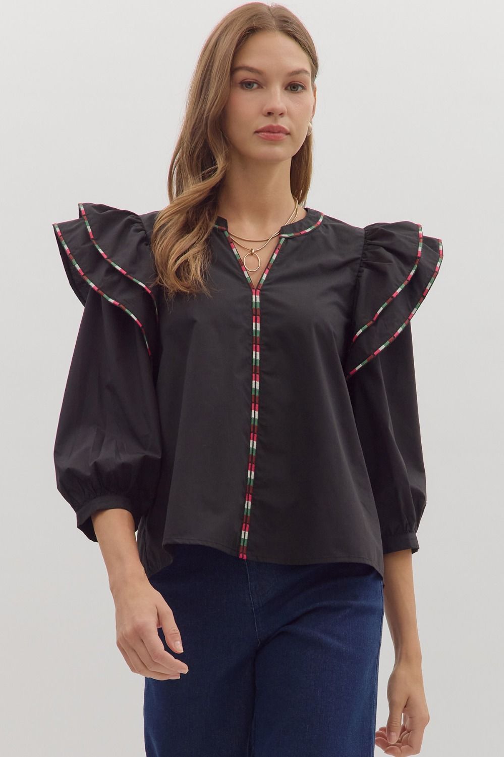 Entro Solid 3/4 Sleeve Layered Ruffle Shoulder Top In Black
