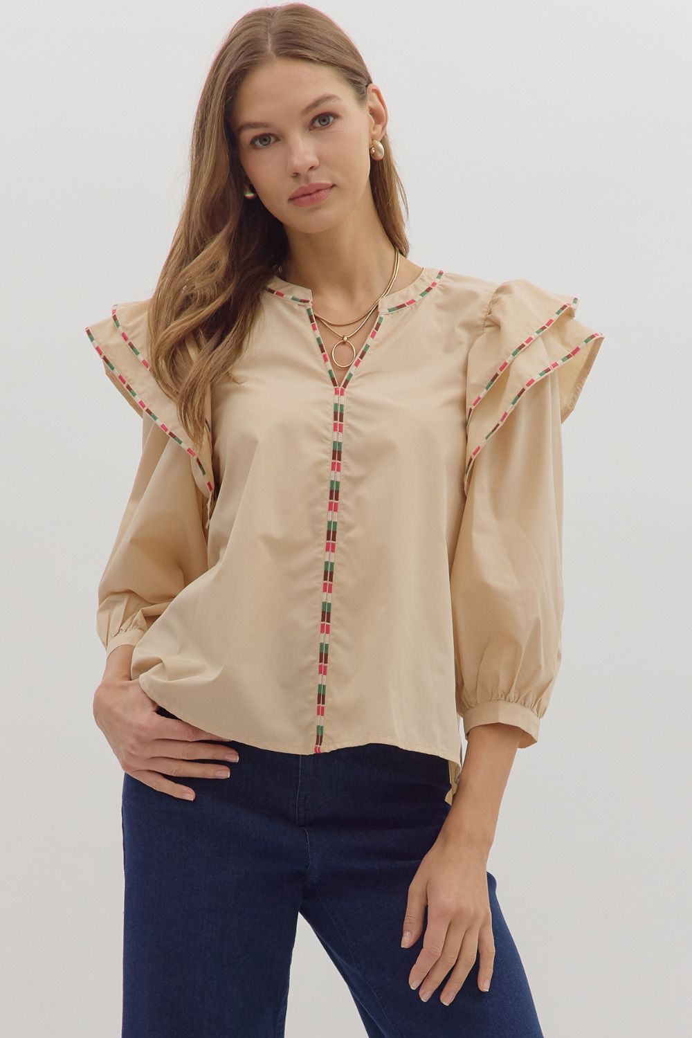 Entro Solid 3/4 Sleeve Layered Ruffle Shoulder Top In Ecru