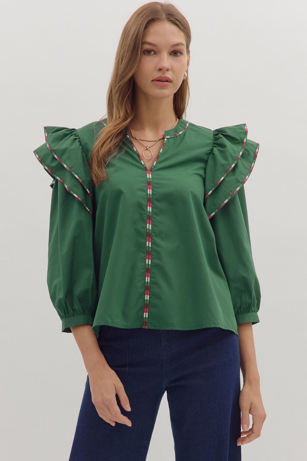 Entro Solid 3/4 Sleeve Layered Ruffle Shoulder Top In Hunter Green