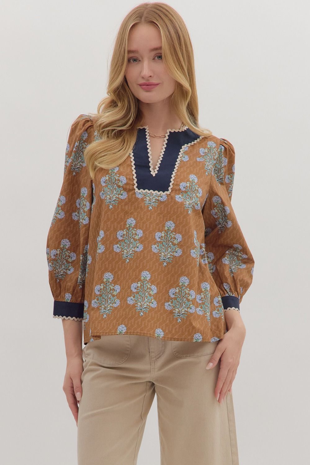 Entro Floral 3/4 Sleeve Top With Scalloped Trim In Camel *COMING SOON*