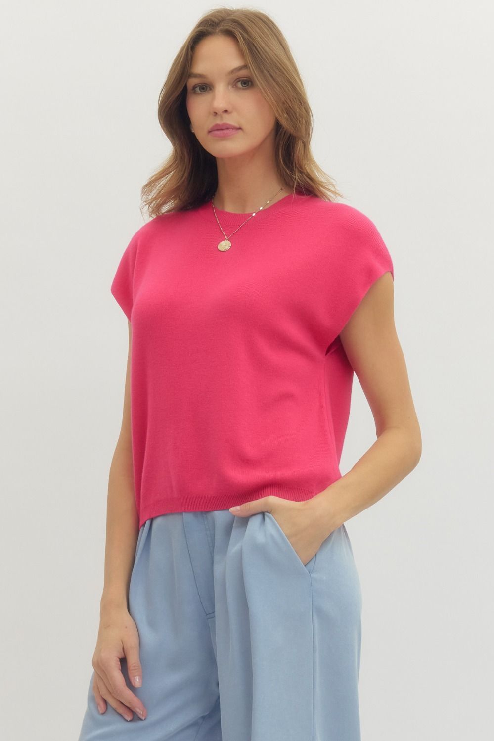 ENTRO Solid Cap Sleeve Knit Top In Fuchsia