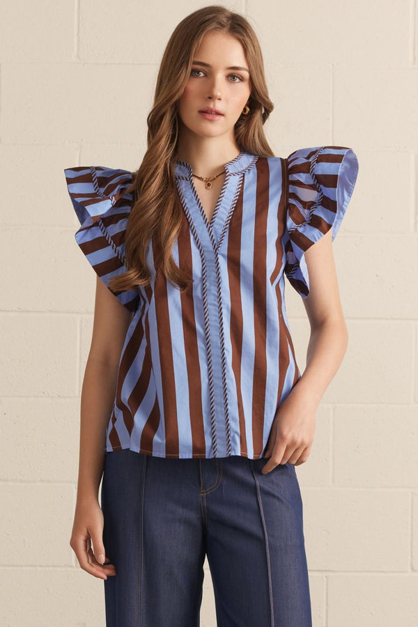 ENTRO Striped Flutter Sleeve Top With Braided Trim In Blue Brown