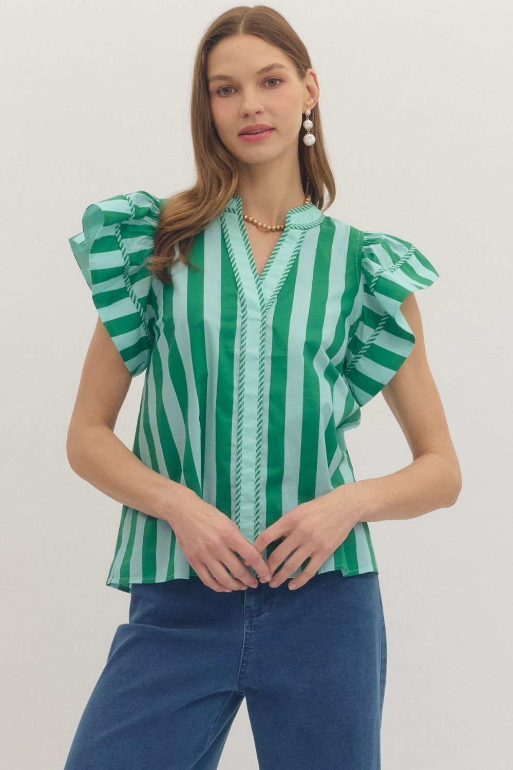 ENTRO Bold Stripe Flutter Sleeve Top In Green
