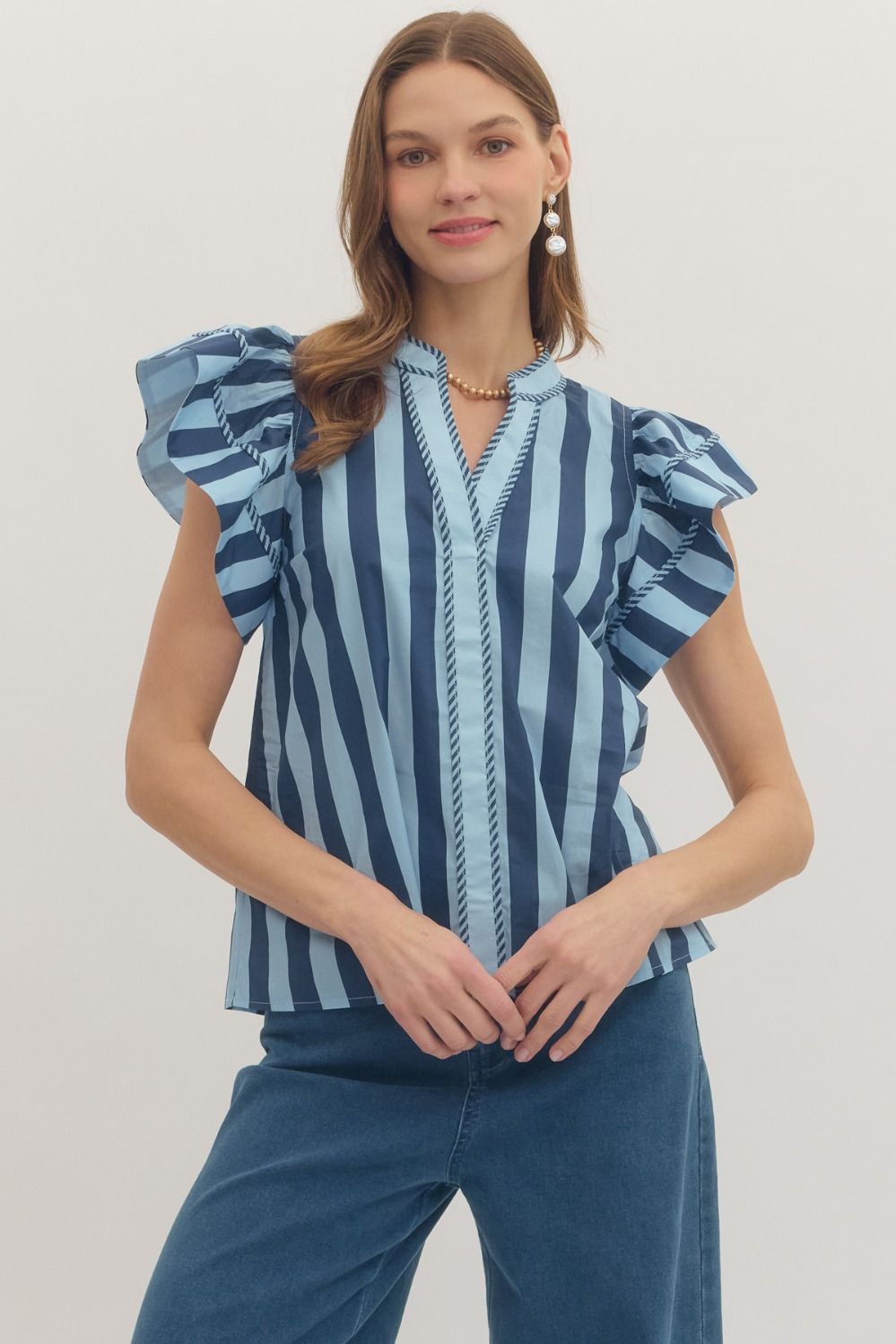 ENTRO Bold Stripe Flutter Sleeve Top In Navy