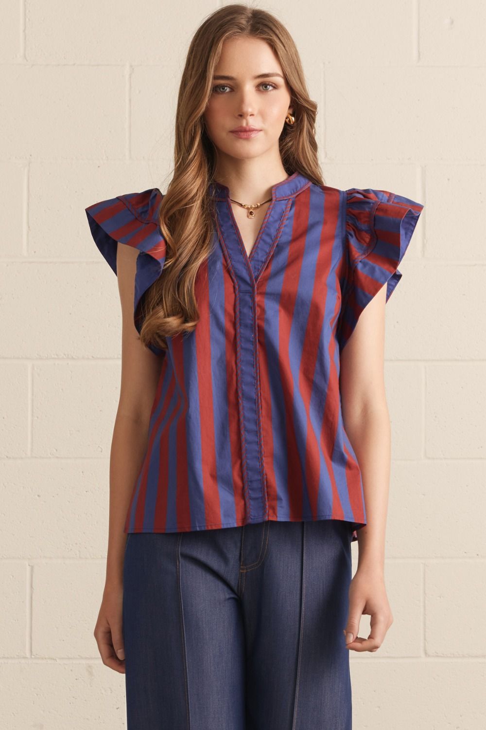 ENTRO Striped Flutter Sleeve Top With Braided Trim In Navy Rust