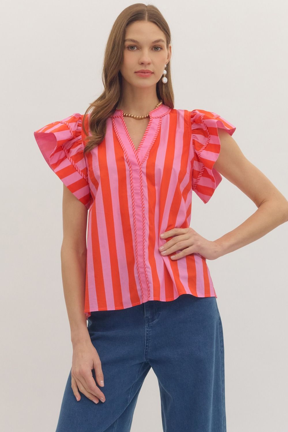 ENTRO Bold Stripe Flutter Sleeve Top In Pink Orange