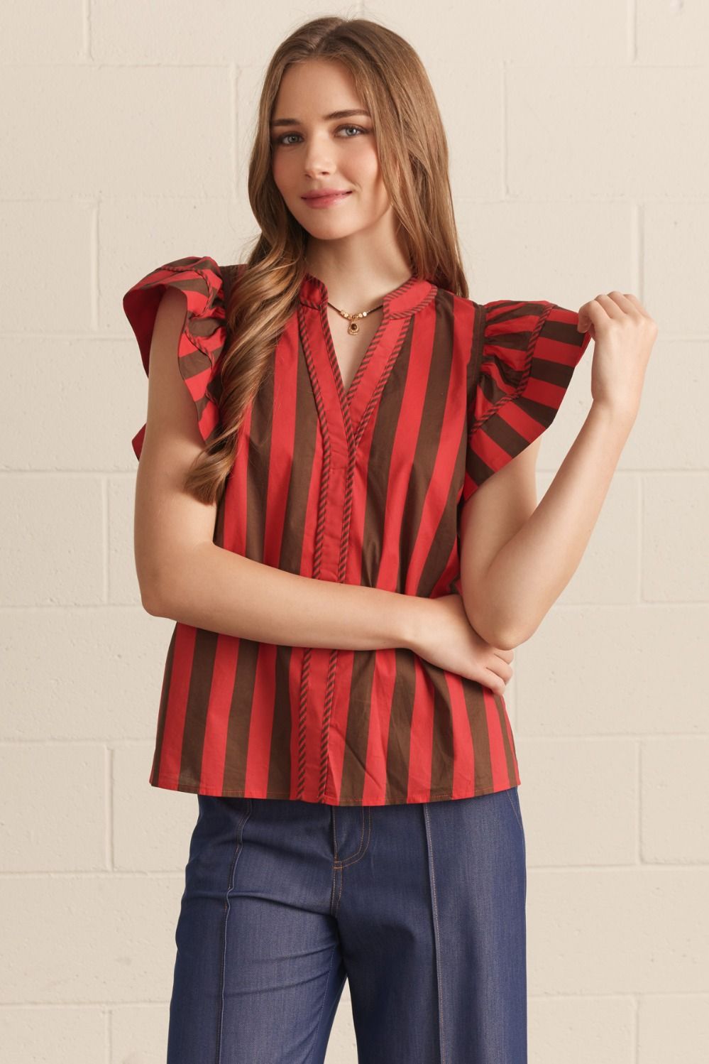 ENTRO Striped Flutter Sleeve Top With Braided Trim In Red Brown