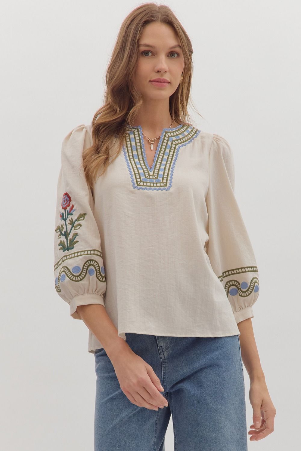 ENTRO Floral Embroidered 3/4 Sleeve Top In Ecru *COMING SOON*