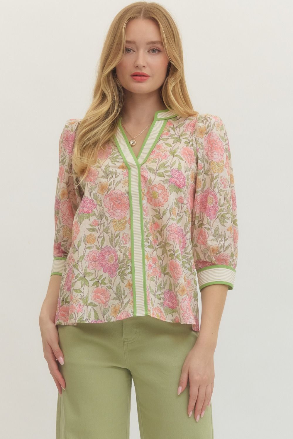 Entro Floral 3/4 Puff Sleeve Top In Ecru