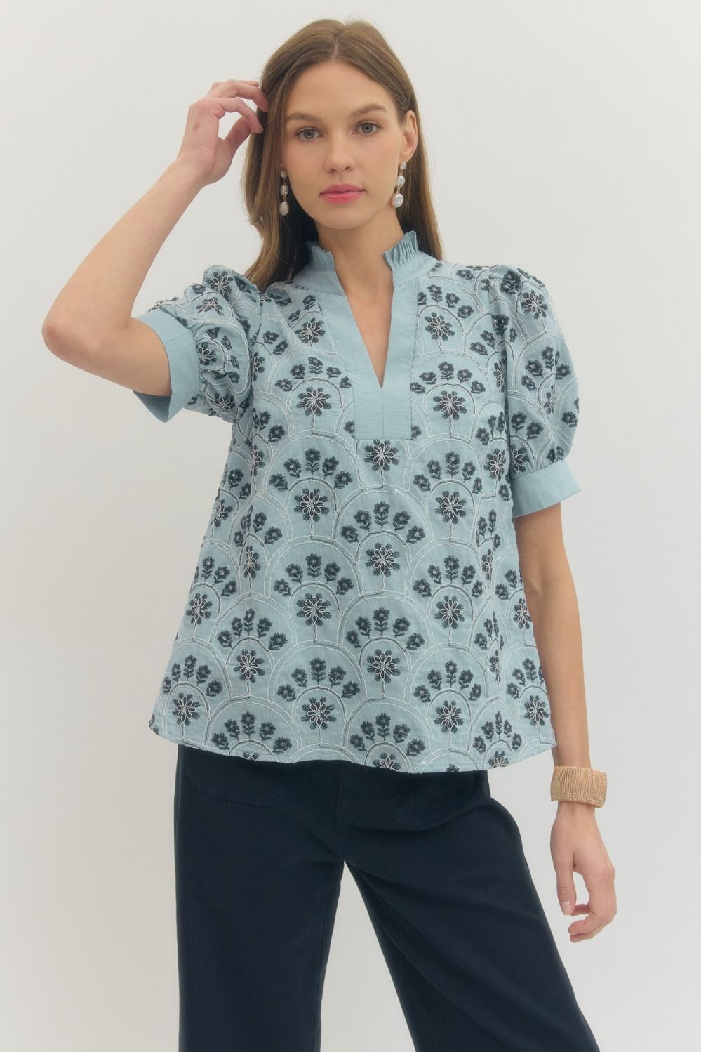 ENTRO Botanical Print Top With Sequin Embellishment In Light Blue