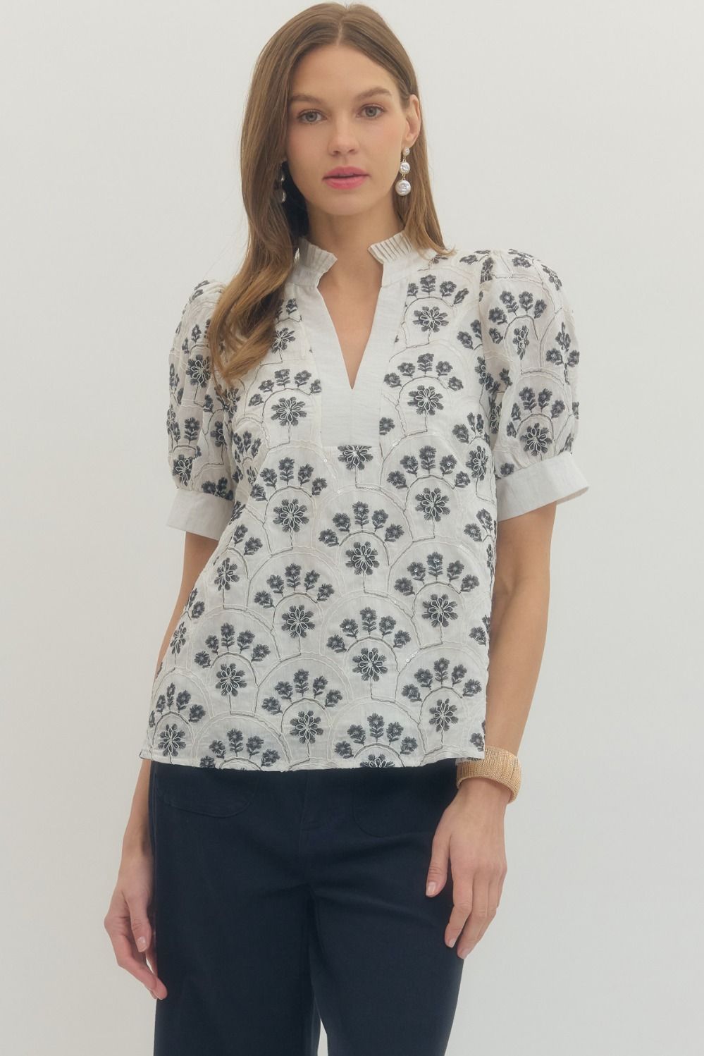 Entro Botanical Print Top With Sequin Embellishment In Oatmeal