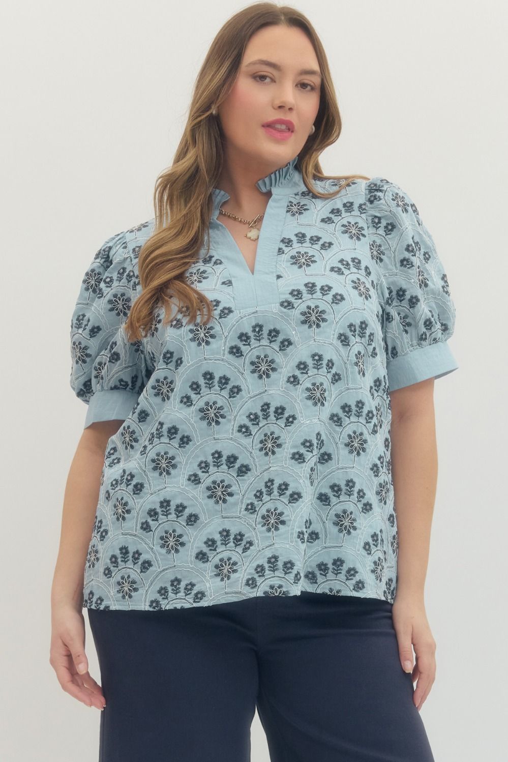Entro Botanical Print Top With Sequin Embellishment In Light Blue PLUS Size