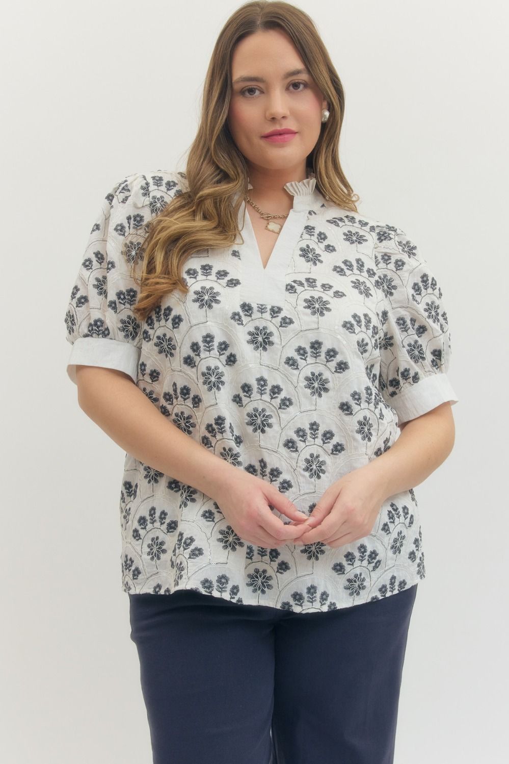 Entro Botanical Print Top With Sequin Embellishment In Oatmeal PLUS Size