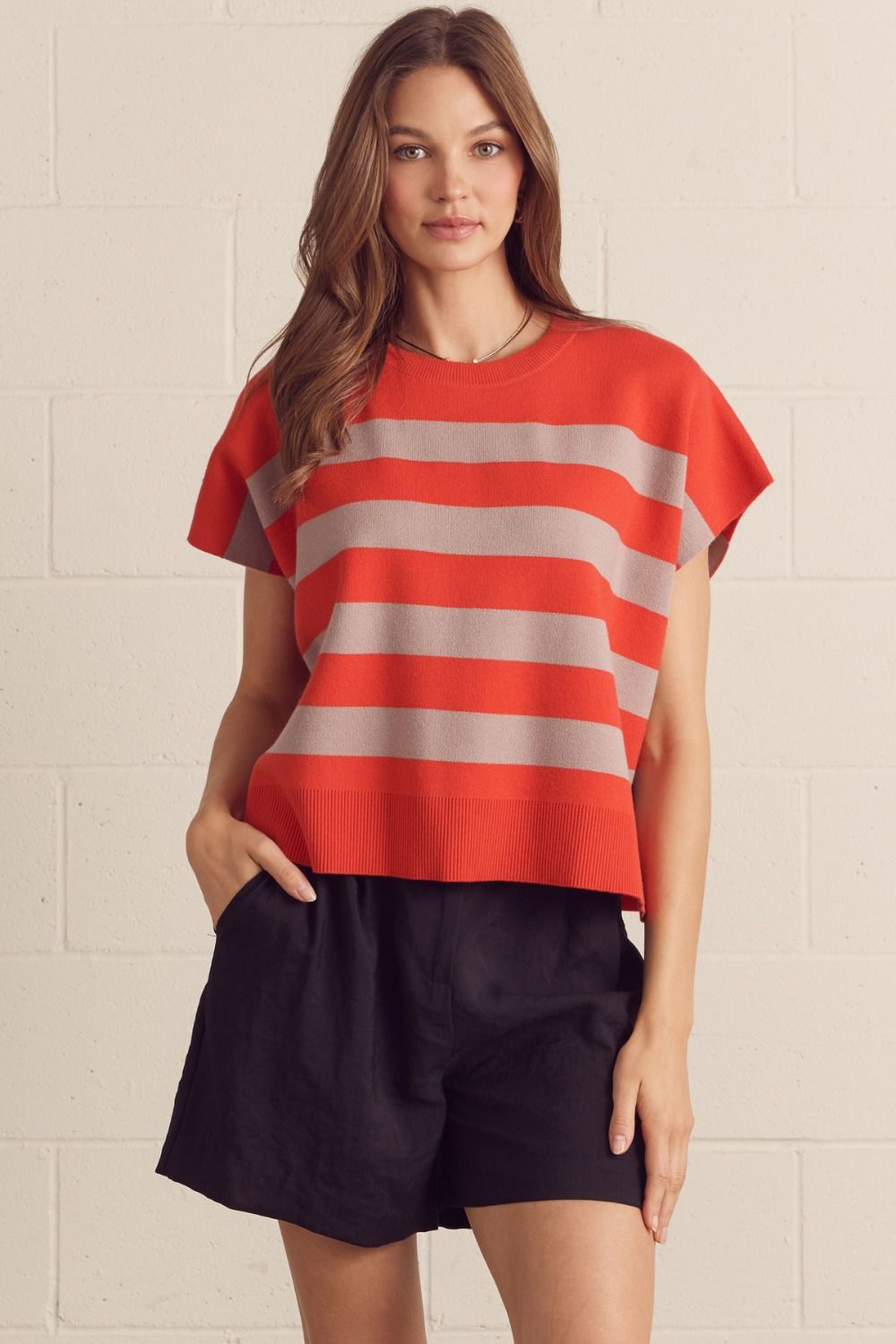 ENTRO Short Sleeve Knit Top With Bold Stripe In Carrot *COMING SOON*