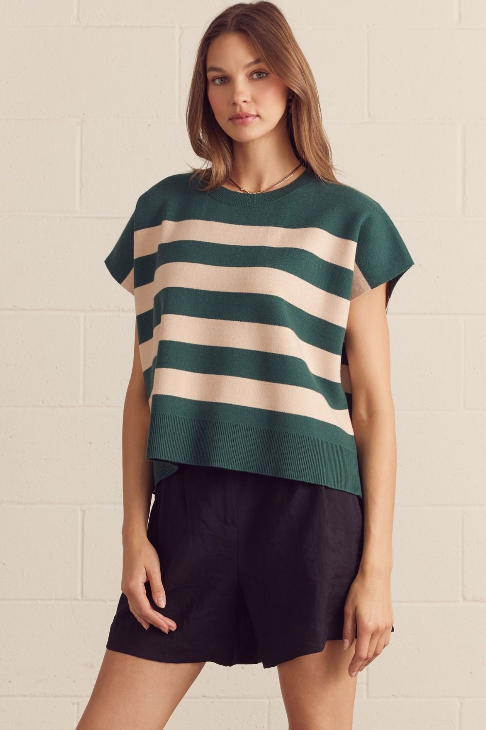 ENTRO Short Sleeve Knit Top With Bold Stripe In Forest *COMING SOON*
