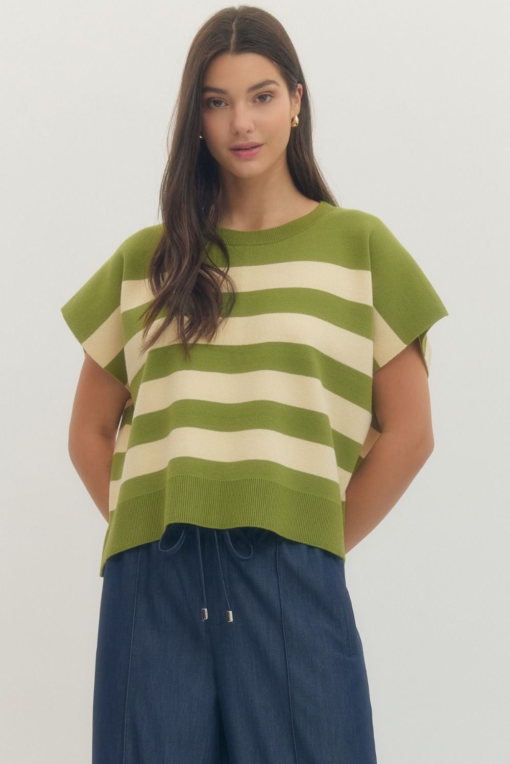 Entro Short Sleeve Knit Top With Bold Stripes In Matcha