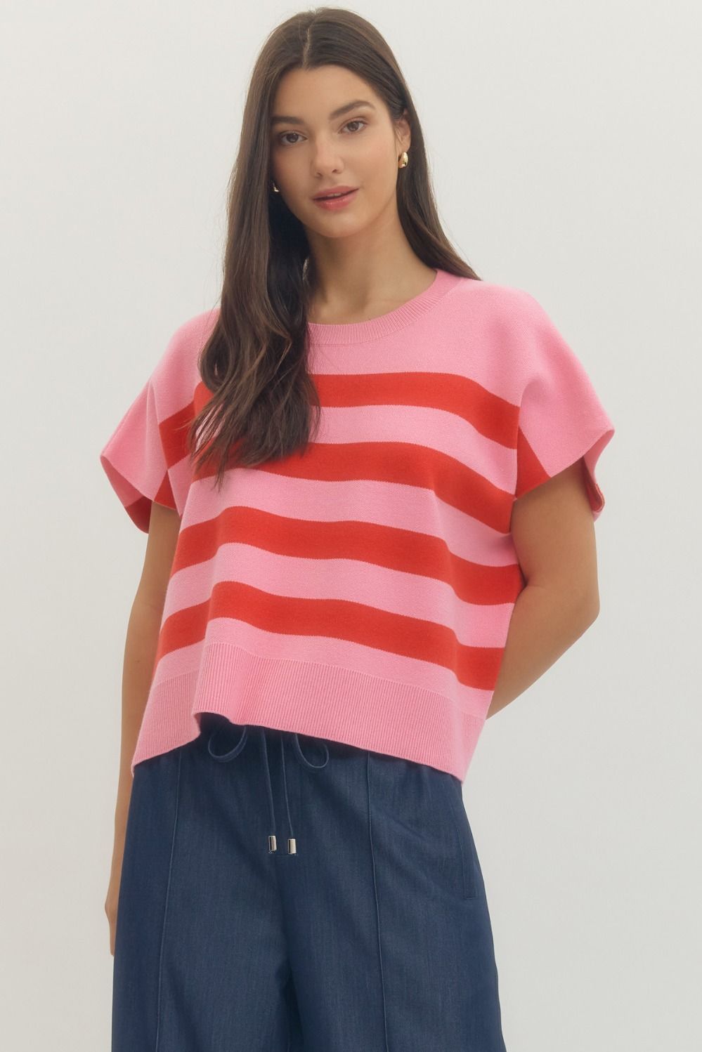 Entro Short Sleeve Knit Top With Bold Stripes In Pink & Red