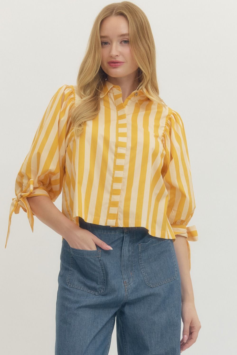 Entro Striped 3/4 Puff Sleeve Top In Gold Yellow