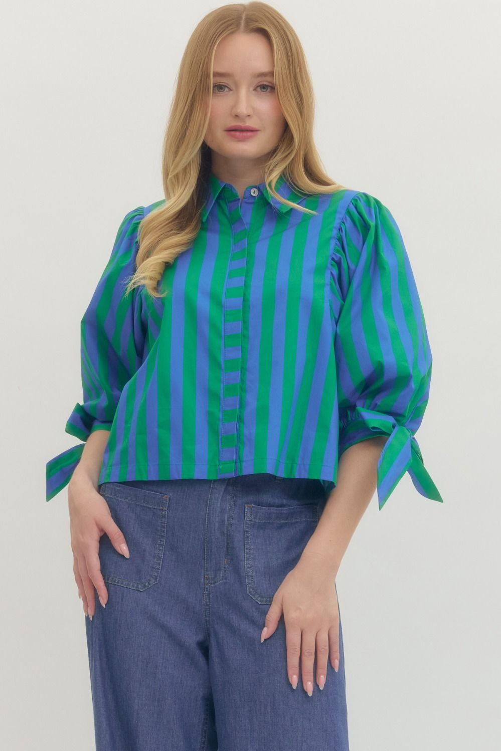 Entro Striped 3/4 Puff Sleeve Top In Green