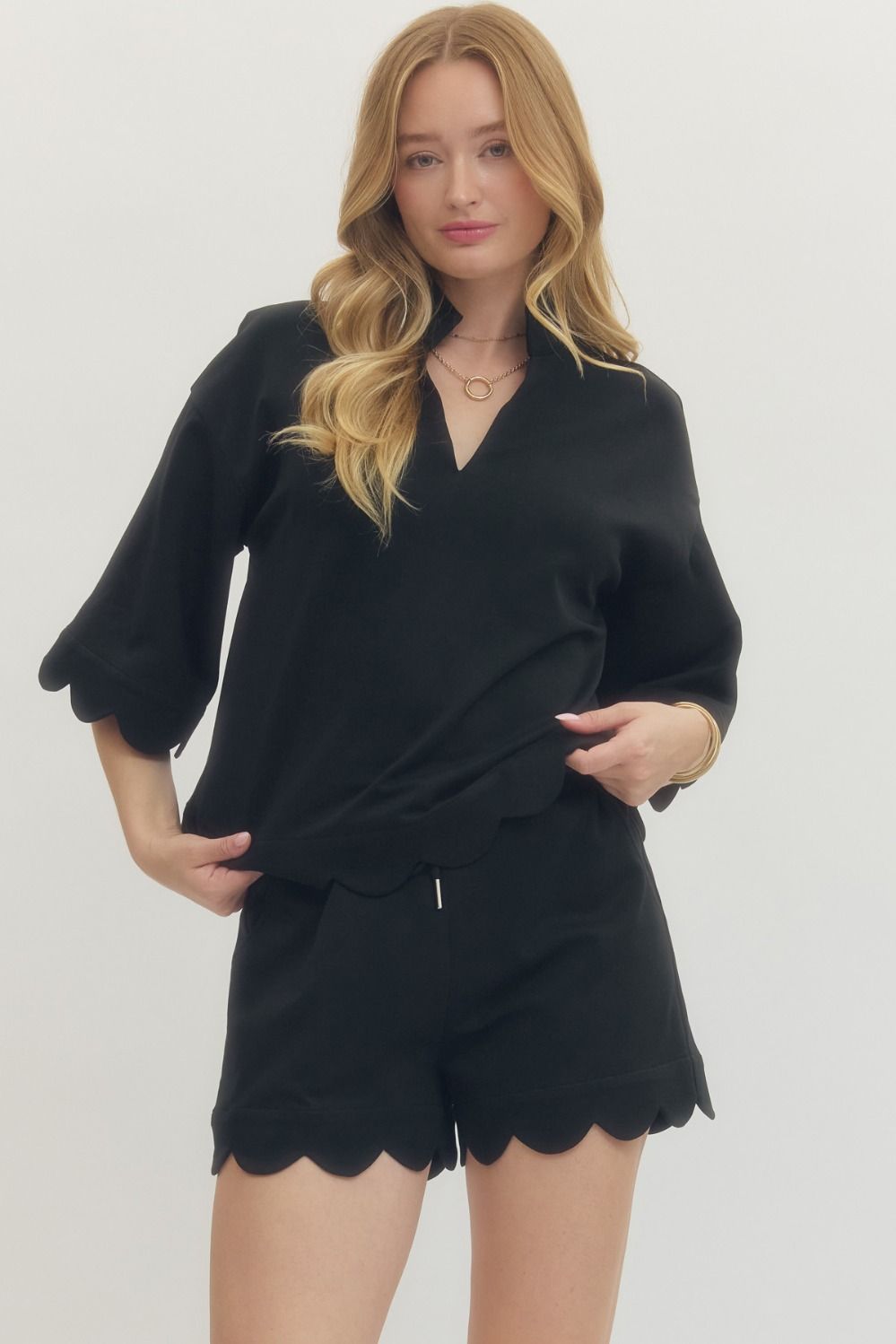 Entro Solid Half Sleeve V Neck Top With Scalloped Trim In Black