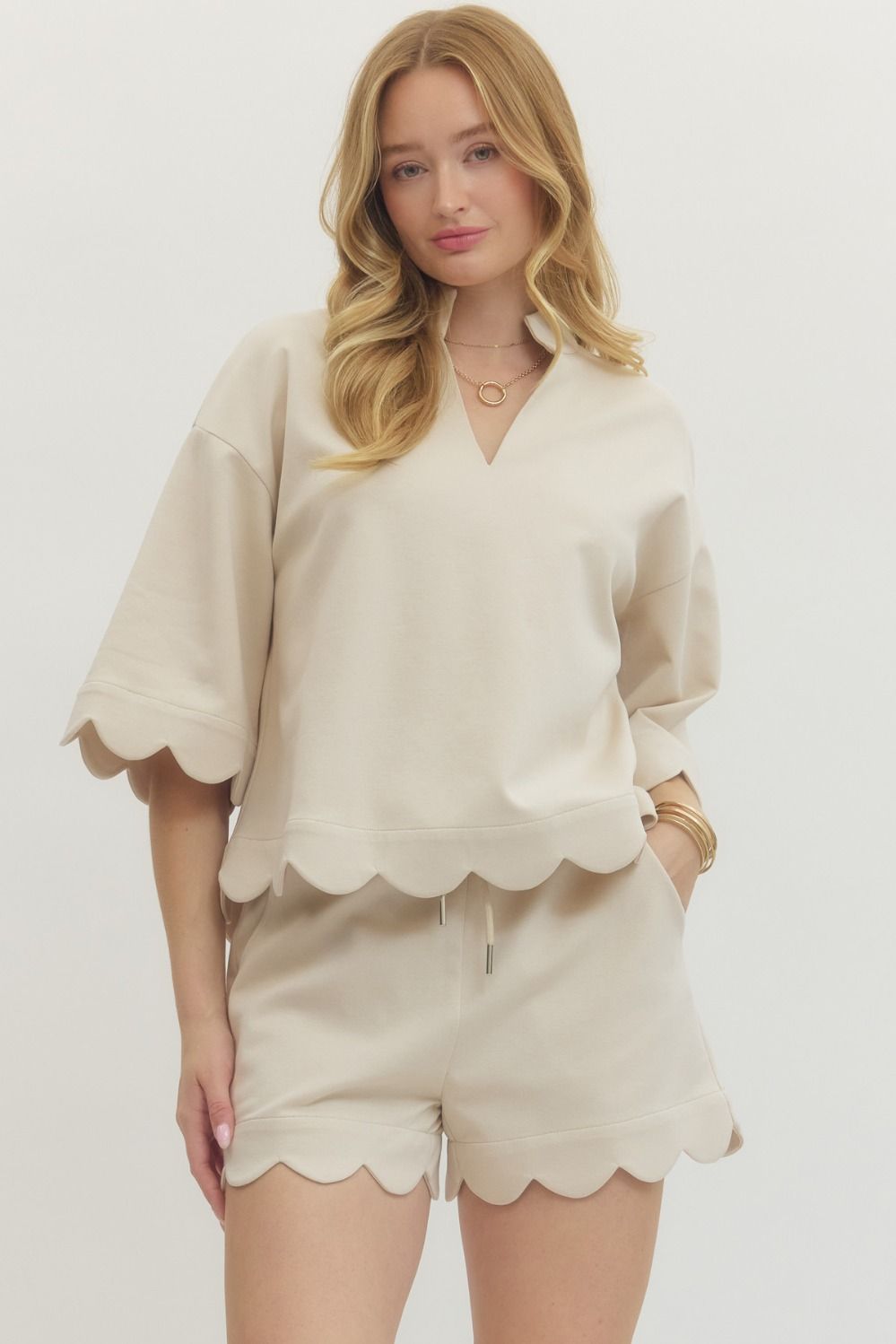 Entro Solid Half Sleeve V Neck Top With Scalloped Trim In Light Taupe