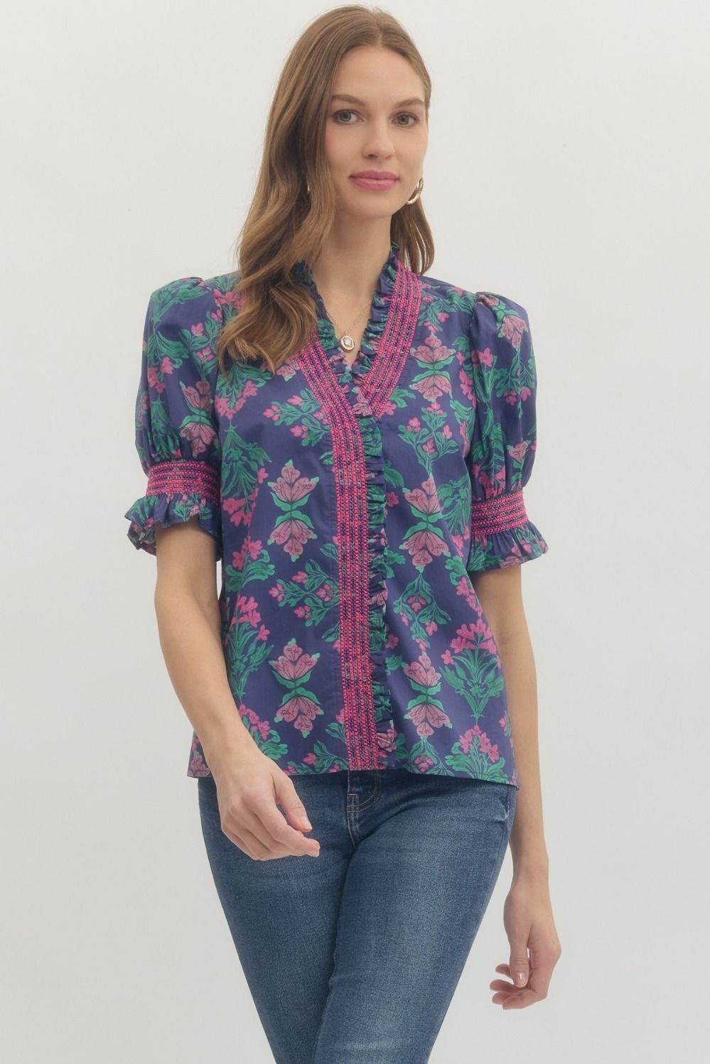 ENTRO Floral Puff Sleeve With Elastic Cuff In Navy *COMING SOON*