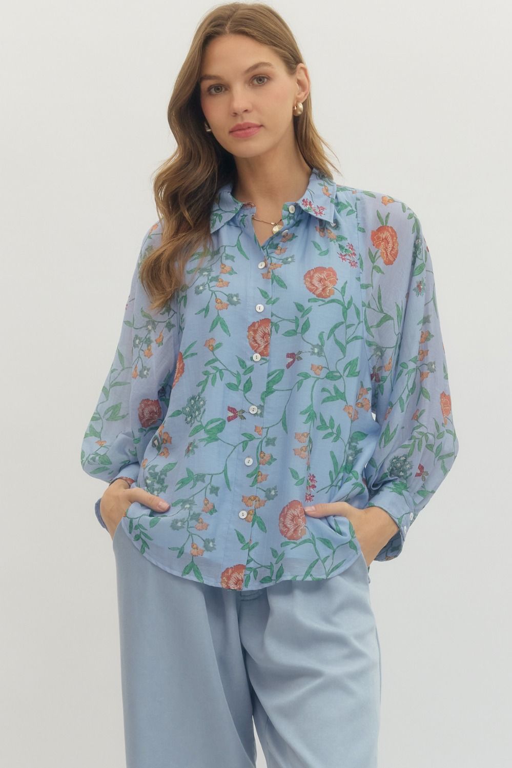 Entro Floral Print Long Sleeve Top in Blue *FINAL SALE*